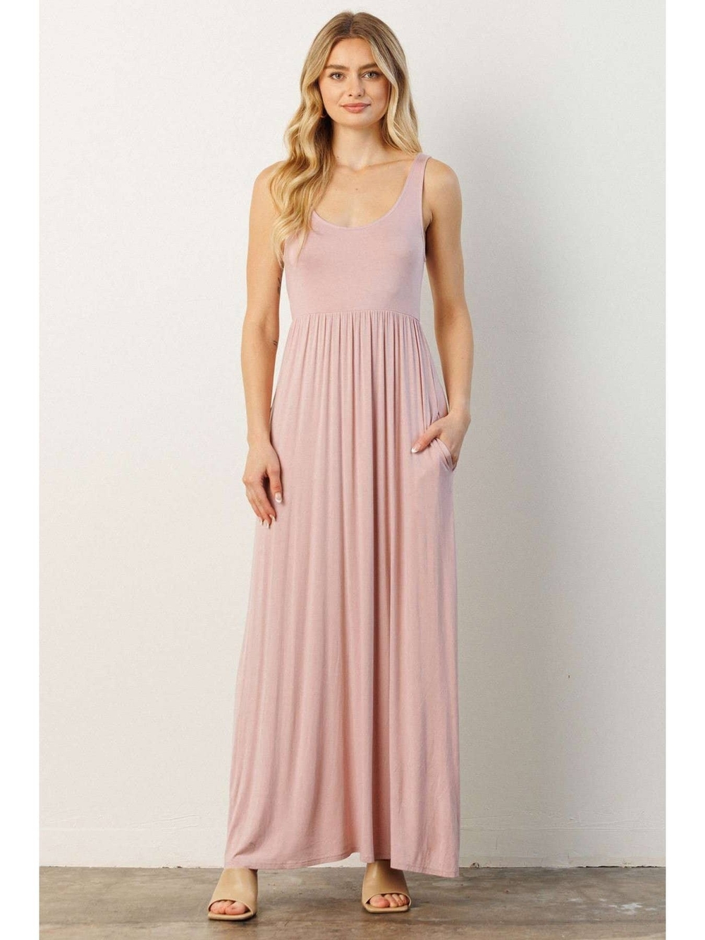 Jersey Sleeveless Empire Waist Pocketed Maxi Dress In Dusty Rose